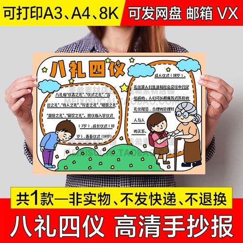 八礼四仪手抄报模版小学生文明礼仪电子小报a4线描稿a3模板8k素材