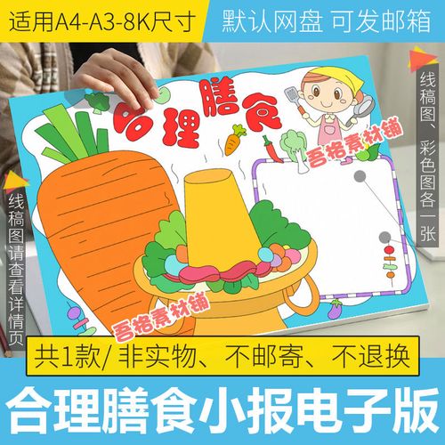 合理膳食手抄报模板电子版小学生饮食健康手抄报半成品线稿涂色8k