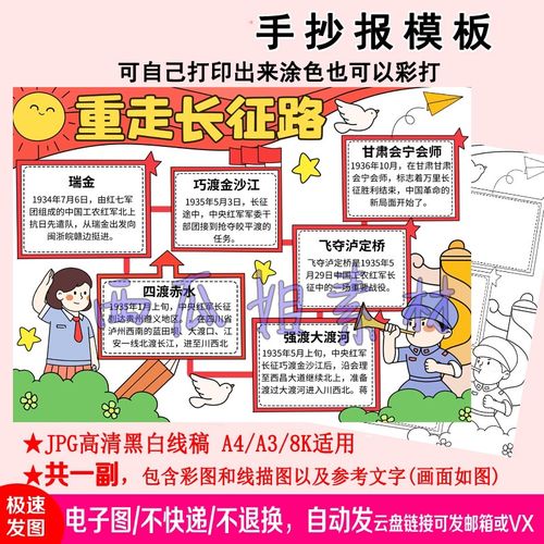 长征路线图手抄报模板儿童小学生绘画素材重走长征路小报简笔画图