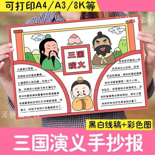 三国演义手抄报模板小学生四大名著好书推荐卡读书卡线稿a3a48k