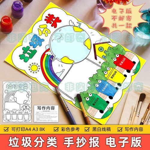 垃圾分类竖版手抄报模板电子版小学生绿色生态保护地球环境8ka3a4