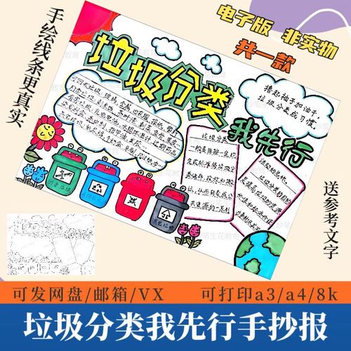 垃圾分类我先行手抄报模板电子版小学生保护环境良好习惯手绘线稿