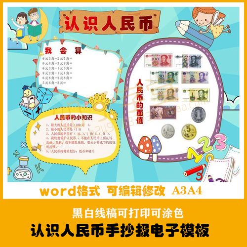 认识人民币手抄报模板小学数学电子版小报黑白线描图涂色