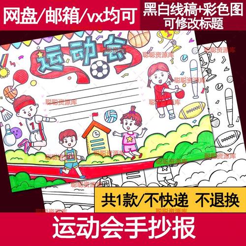 运动会我运动我快乐绘画儿童画简笔画电子版模板手抄报海报线稿