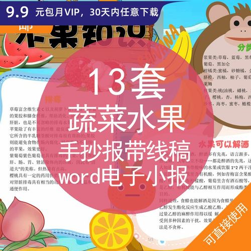 蔬菜知识我爱吃水果word电子版小报手抄报黑白线稿模板a3a4素材资料