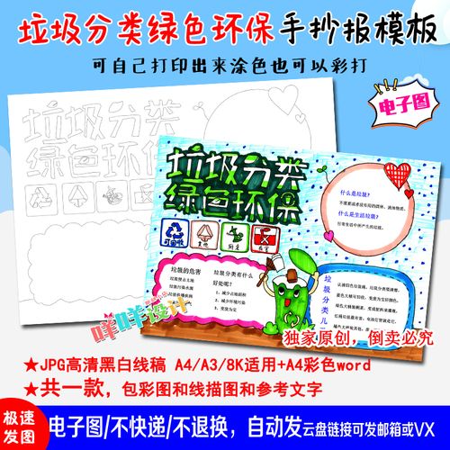 a4a38k小学生幼儿垃圾分类绿色环保黑白线描涂色空白手抄报模板