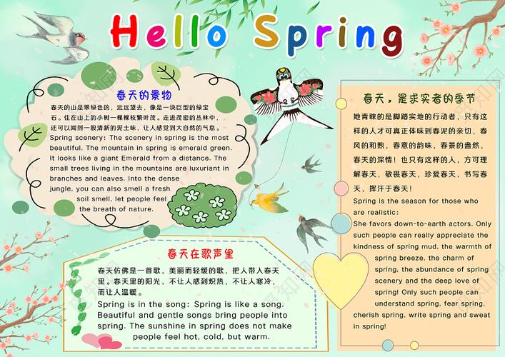 青色卡通hellospring春天英语小报手抄报psd