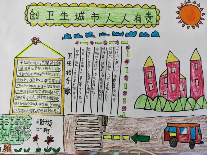 创建文明城市连着你我他青屏小学二一班手抄报