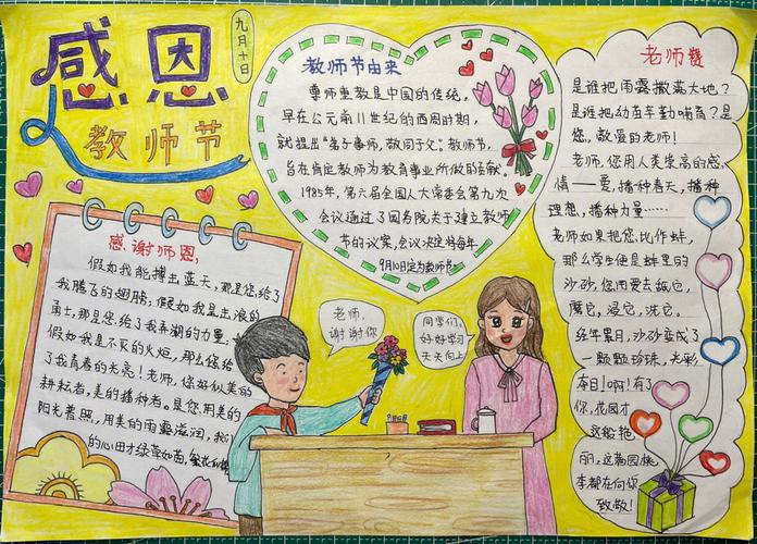 小学生感恩教师节彩铅手绘a4纸手抄报