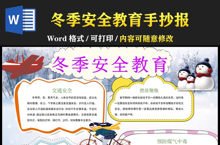 冬季安全教育手抄报简洁卡通风预防煤气中毒交通用电安全知识宣讲小报