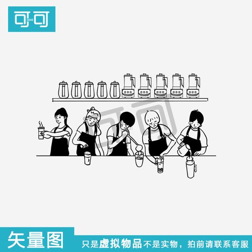 奶茶店营业员卡通人物简笔画橱窗墙面装饰贴纸素材矢量图3061