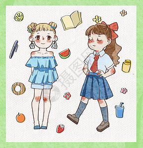 日本女孩穿短裙夏日清爽校服穿搭女孩简笔画手账贴纸插画