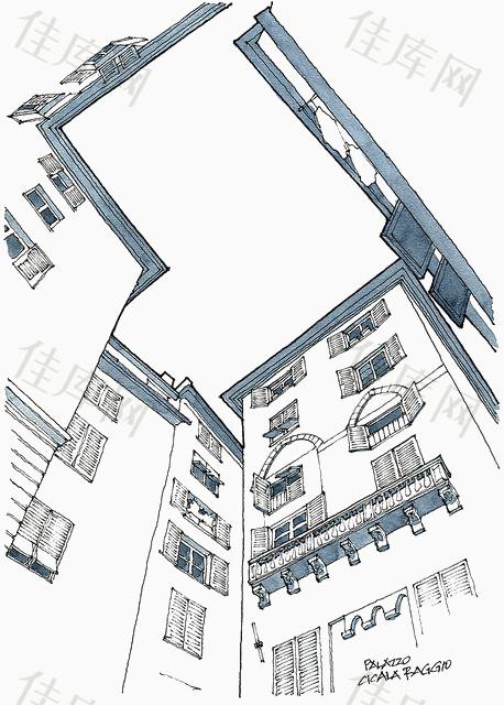 欧式建筑仰视立面手绘线描图图片仰视建筑简笔画素描仰视城市建筑图片