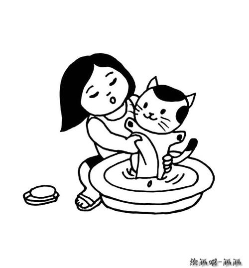 小女孩给猫咪洗澡简笔画步骤图片大全