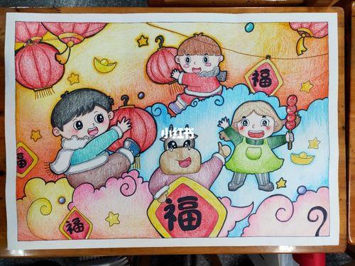 儿童主题画    牛年场景画幼师简笔画新年去哪玩冬天去哪玩彩铅