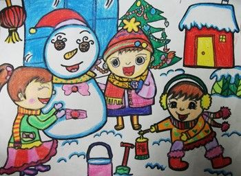 幼儿园冬天堆雪人风景简笔画