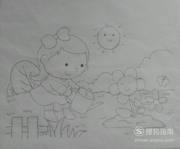 如何画小姑娘浇花的简笔画