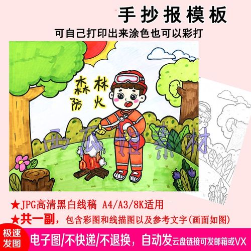 森林防火人人有责趣味画儿童画画电子版简笔画线稿涂色主题绘画12