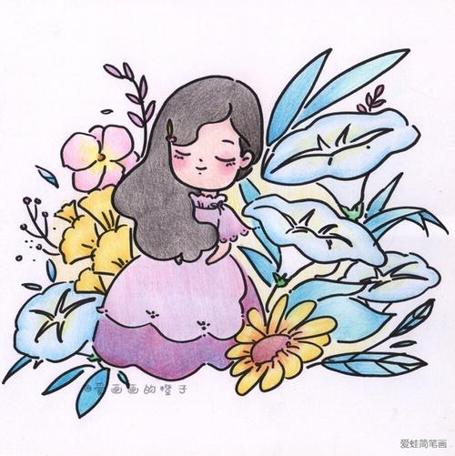 花与少女 小女孩简笔画图片