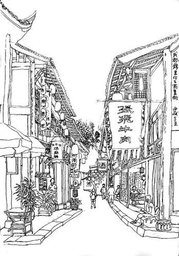 四川成都锦里简笔画