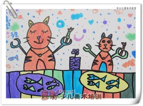 小猫吃鱼带色简笔画