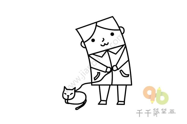 创意正方形简笔画 遛猫的男孩