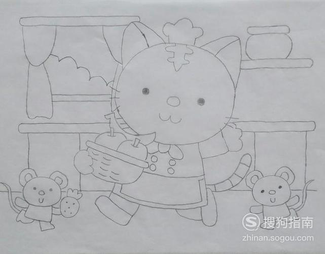 如何画猫咪小厨师的简笔画