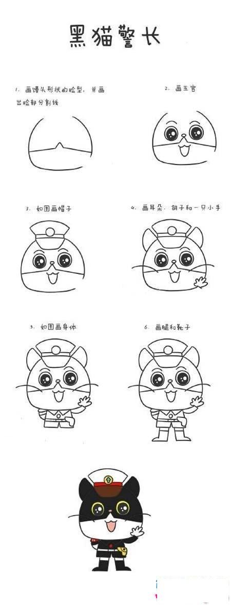 小学生黑猫警长简笔画画法分解图如何画黑猫警长