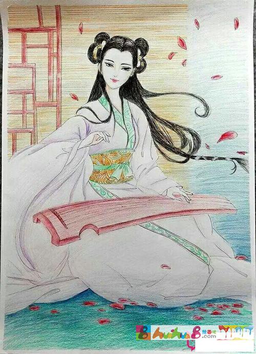 漂亮的古风儿童画图片弹古琴的女子怎么画简笔画教程绘画吧-画画