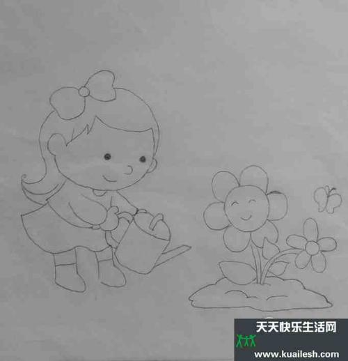 小女孩浇花简笔画步骤