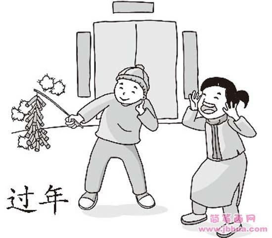 儿童过新年简笔画图片放鞭炮