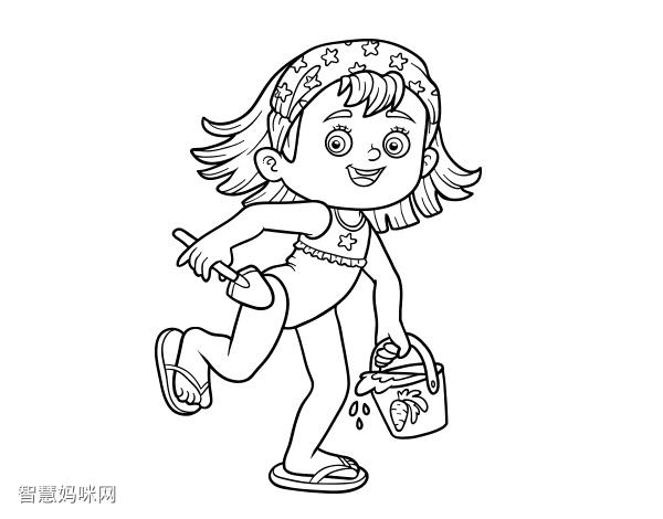 拿着沙滩桶和铁锹的小女孩简笔画图片