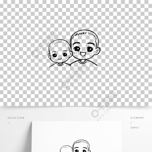 两兄弟卡通黑白简笔画哥哥和弟弟免扣png