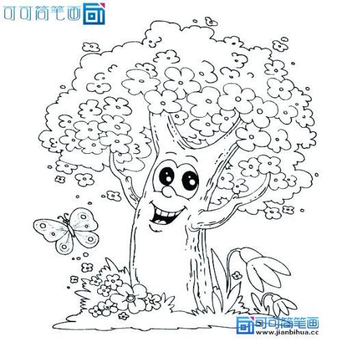 儿童画植物春天开满花的大树可可简笔画