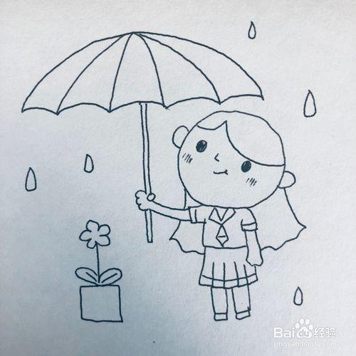 打着雨伞保护小花的小女生简笔画绘画