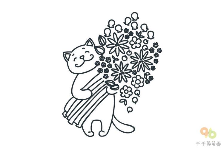 捧花束的小猫简笔画步骤图