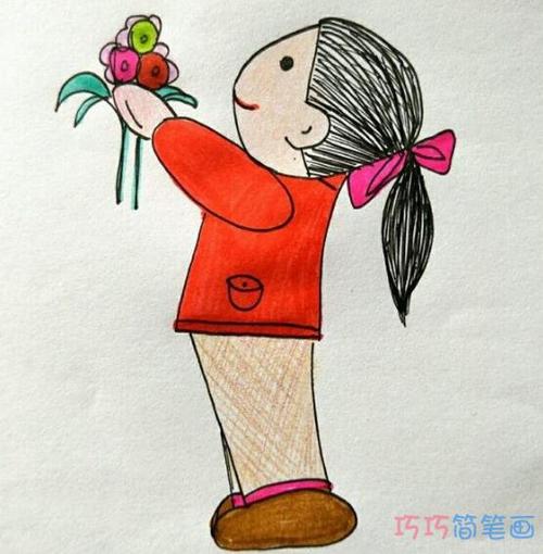 小女孩给老师献鲜花儿童画图片 教师节的画图片 - 巧巧简笔画