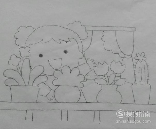 如何画看花的小女孩的简笔画