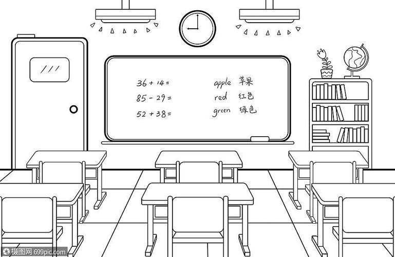 学校教室场景简笔画课桌卡通