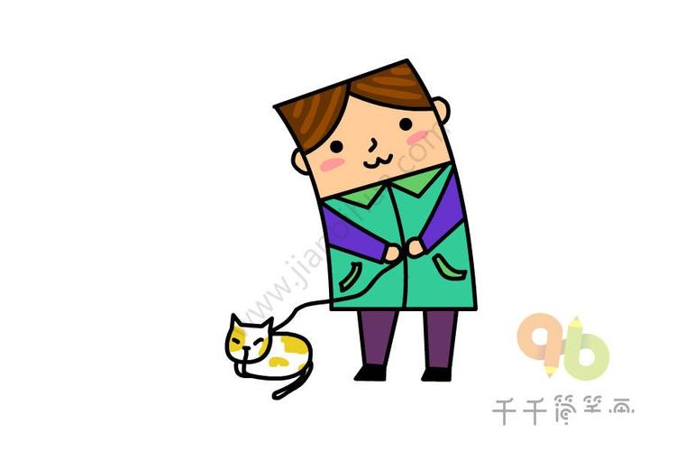 创意正方形简笔画 遛猫的男孩