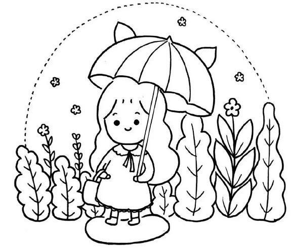 打雨伞的小女孩儿童简笔画