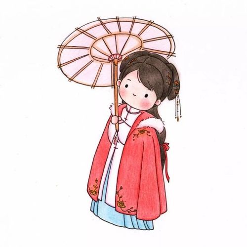 《汉服小姑娘简笔画》 一片素白的雪地里 身披大红斗篷 撑一把油