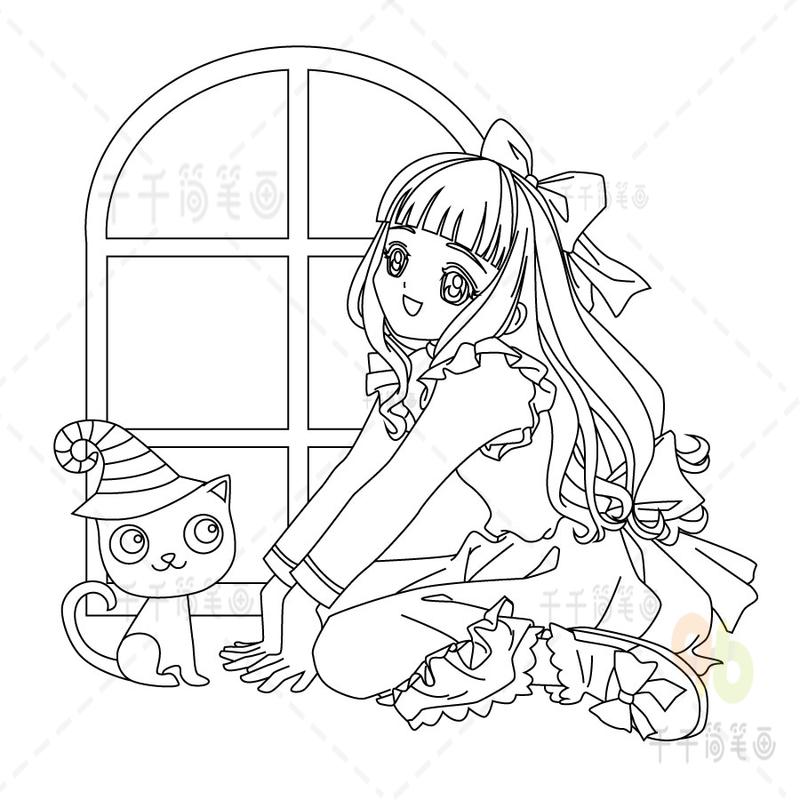 窗边的少女和猫动漫线描稿大图卡通动漫黑白线描稿图片简笔画